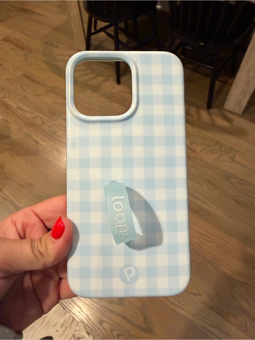 iPhone 15 pro max Loopy Case Light Blue Gingham Phone Case with Built-In Loop
